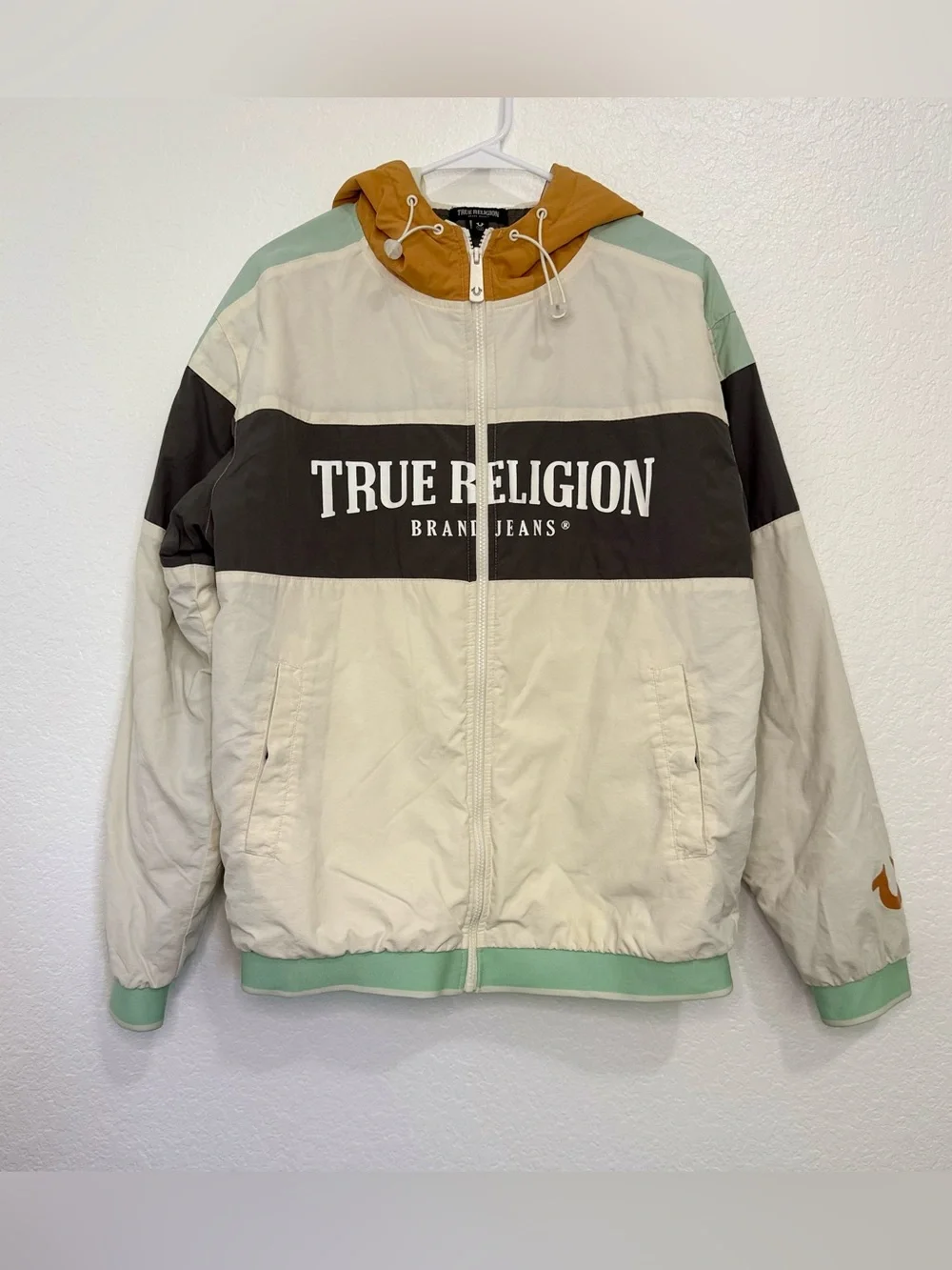 True Religion Cream, Black, Mint & Mustard Colorblock Hooded Jacket Men’s Sz-M